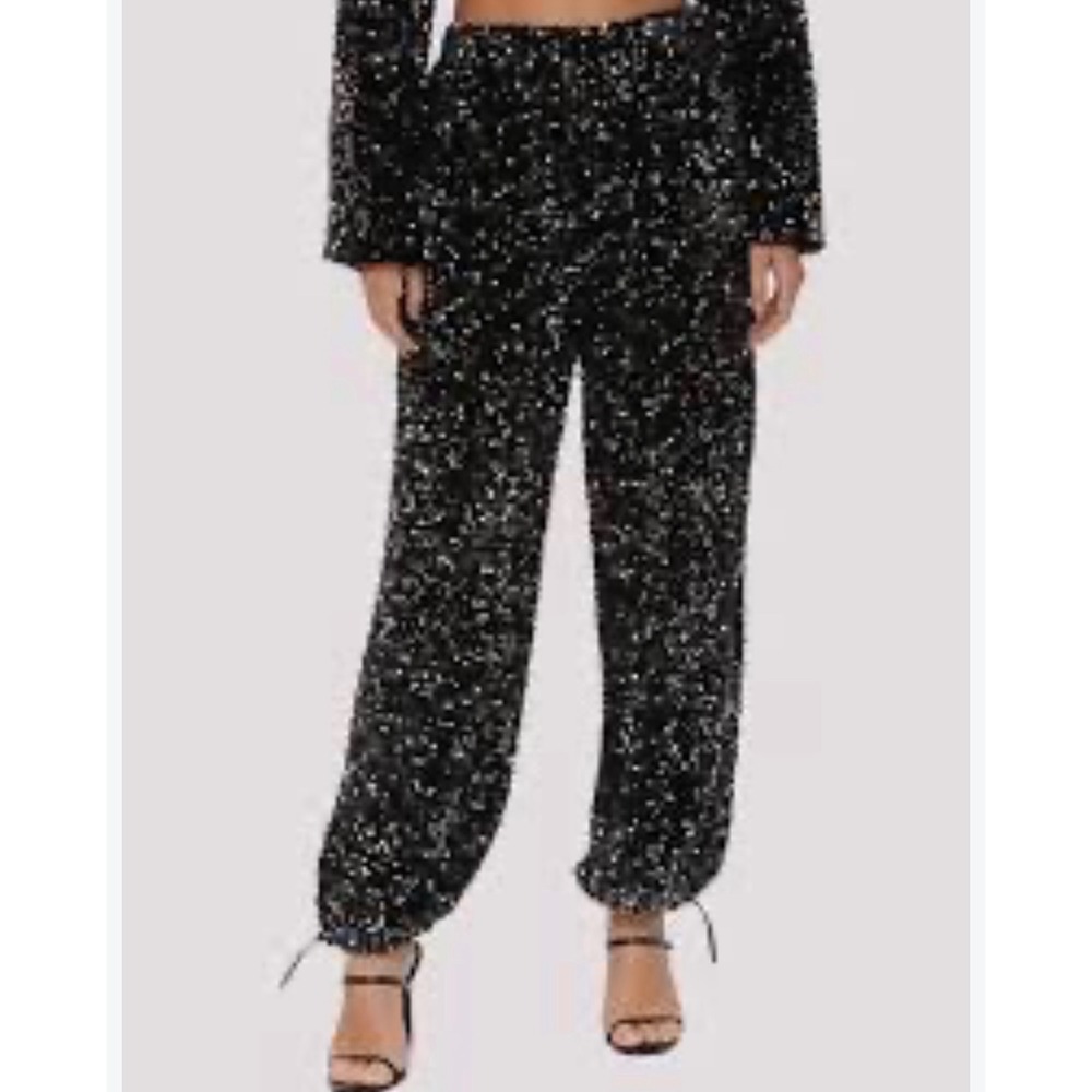 Avec Les Filles Black Sequin High Waist Bungee Hem Jogger Pants Size Medium